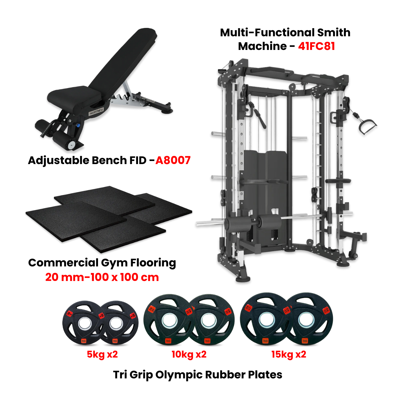 Functional Trainer Smith Machine 41FC81 with Rubber Flooring and Tri Grip Plate with Bench A8007
