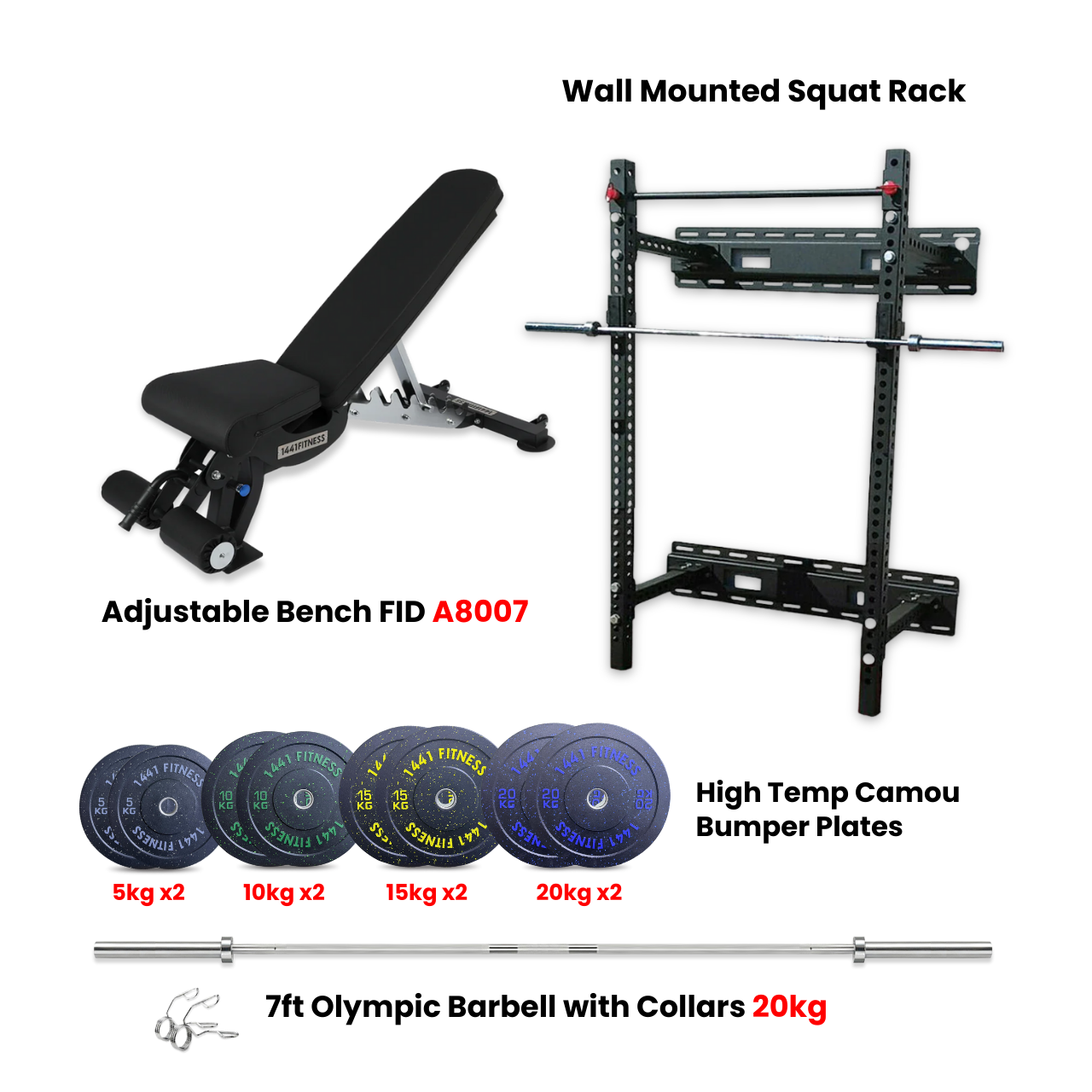 Wall Mounted Foldable Squat Rack with Speckle Bumper Plates 120 KG and A8007 Bench