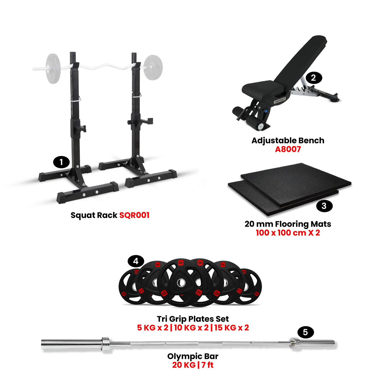 Squat Rack SQR001 with 80 Kg Tri-Grip Plate Set & Adjustable Bench