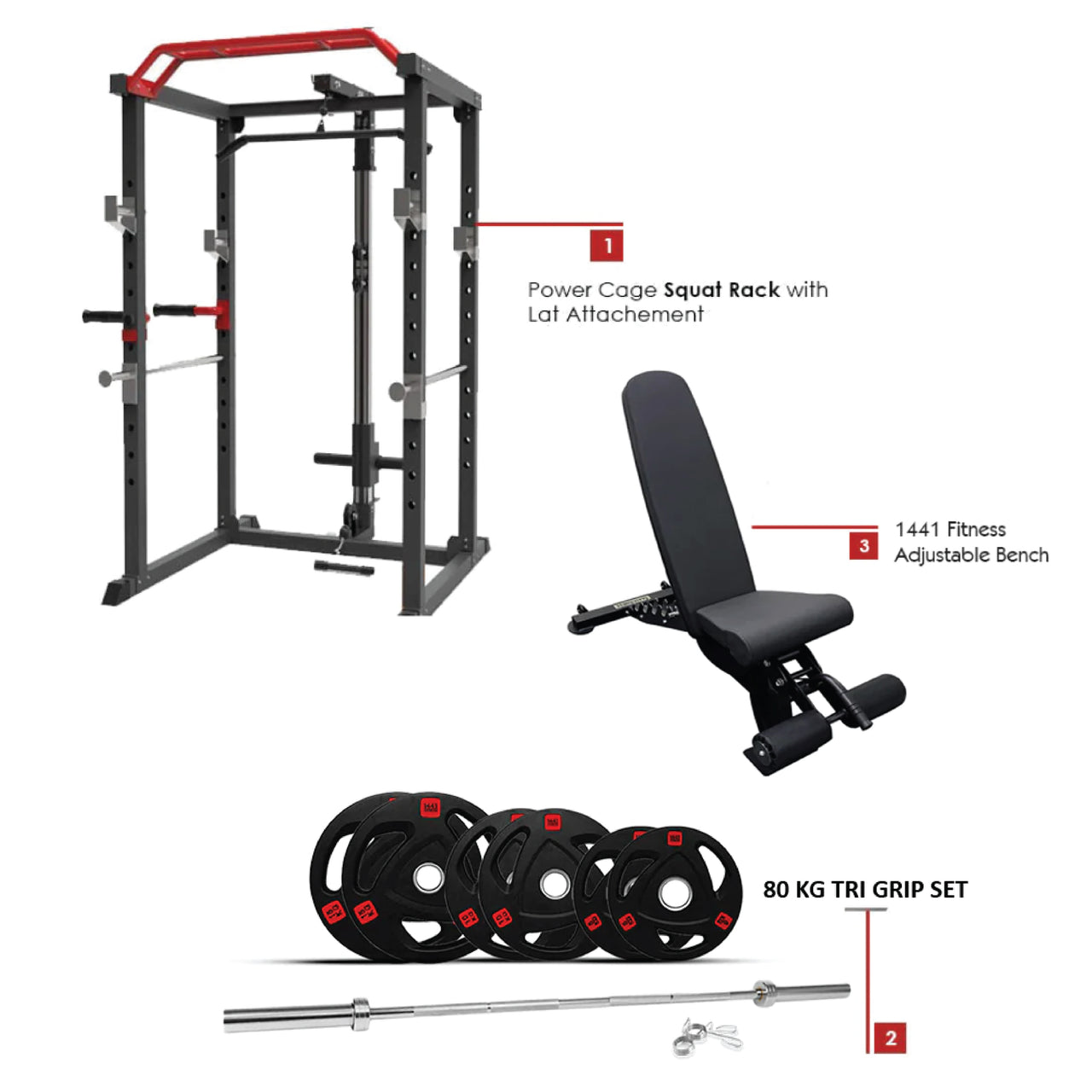 Combo Offer | Power Cage Squat Rack J008 + 7 Ft Bat Tri Grip Plate 80 KG Set + Adjustable Bench A8007 