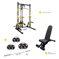 Thumbnail for Combo Offer Squat Rack MDL66 + 7 ft Bar and 80 Kg Tri Grip Set with Adjustable Bench A8007