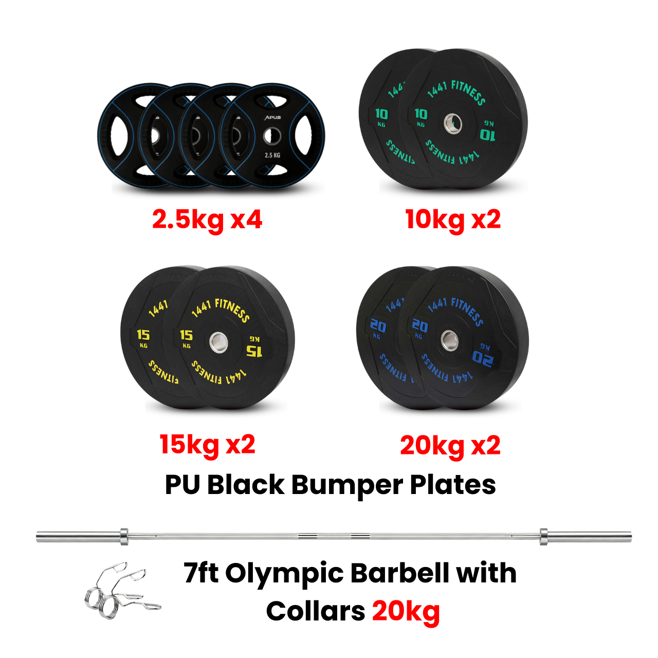 PU Black Bumper Plates with 7 Ft Bar - 80 Kg Set - Bundle Offer
