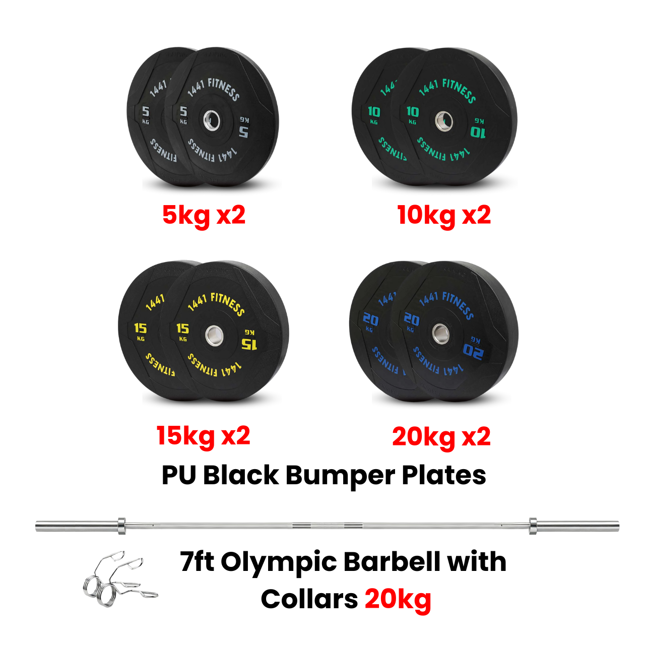 PU Black Bumper Plates with 7 Ft Bar - 120 Kg Set - Bundle Offer