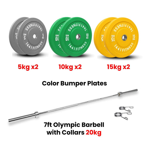 Color Bumper Plates with 7 Ft Olympic Bar - 80 Kg Set - Bundle Offer