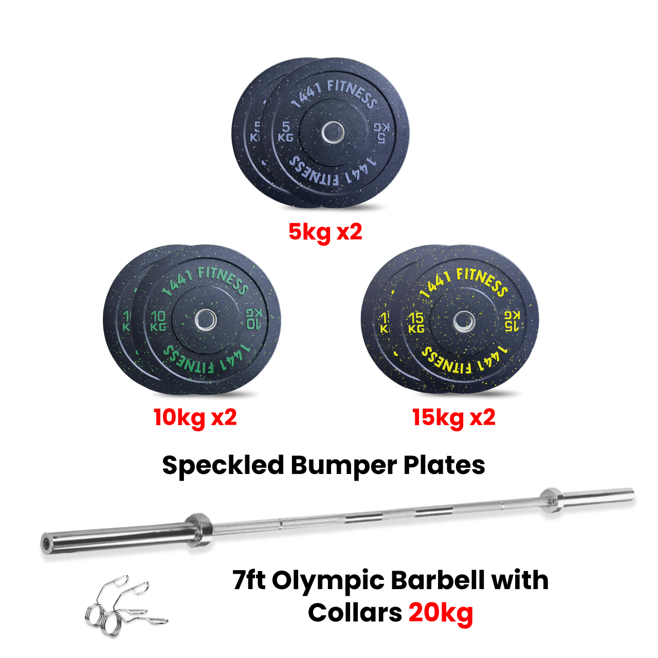 Speckled Bumper Plates with 7 ft Olympic Bar - 80 Kg Set - Bundle Offer