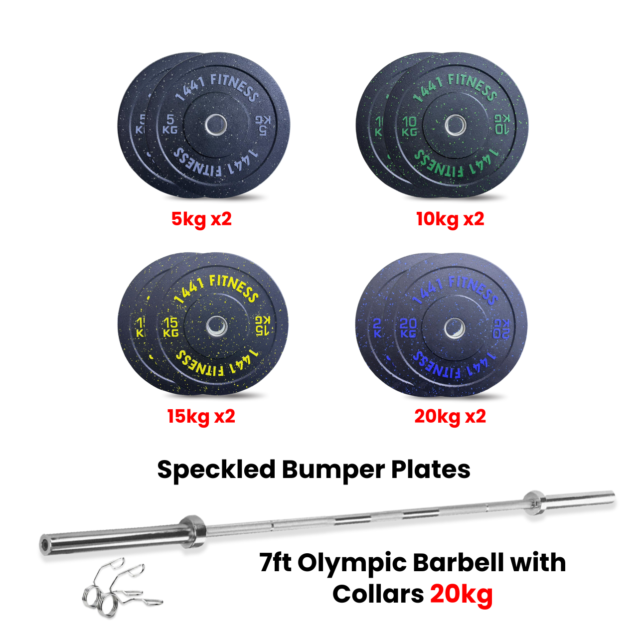 Speckled Bumper Plates with 7 ft Olympic Bar - 120 Kg Set - Bundle Offer