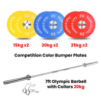 Thumbnail for Premium Competition Rubber Bumper Plates with 7 Ft Olympic Bar - 140 KG set - Bundle Offer