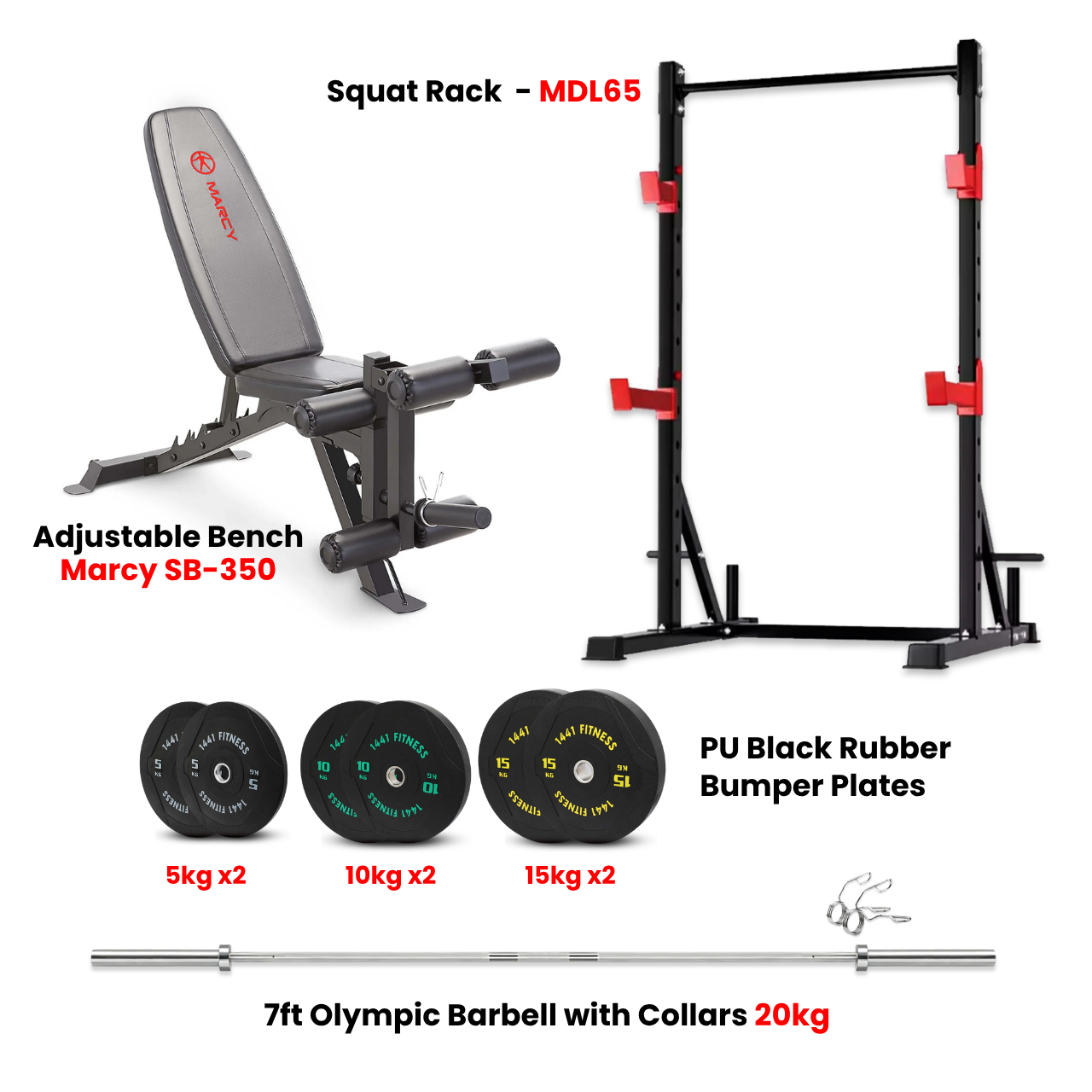 MDL65 Squat Rack Combo with Plates and Bench - Bundle Offer