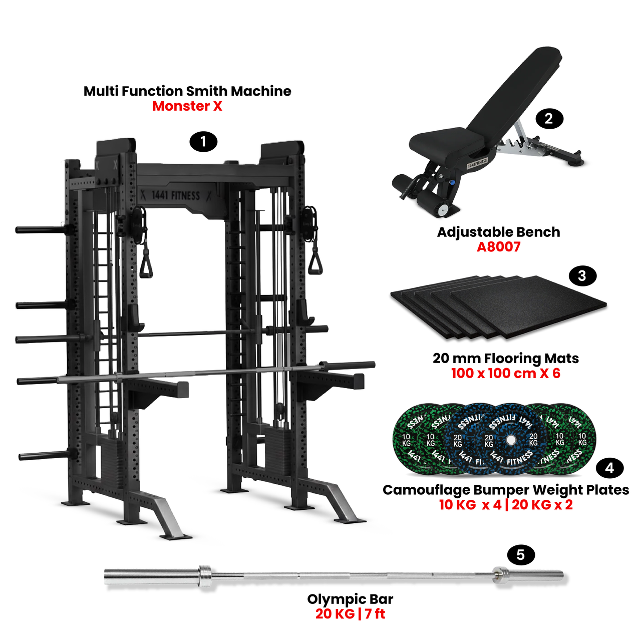 Monster X Smith Machine with 100 Kg Camouflage Bumper Set & Adjustable Bench