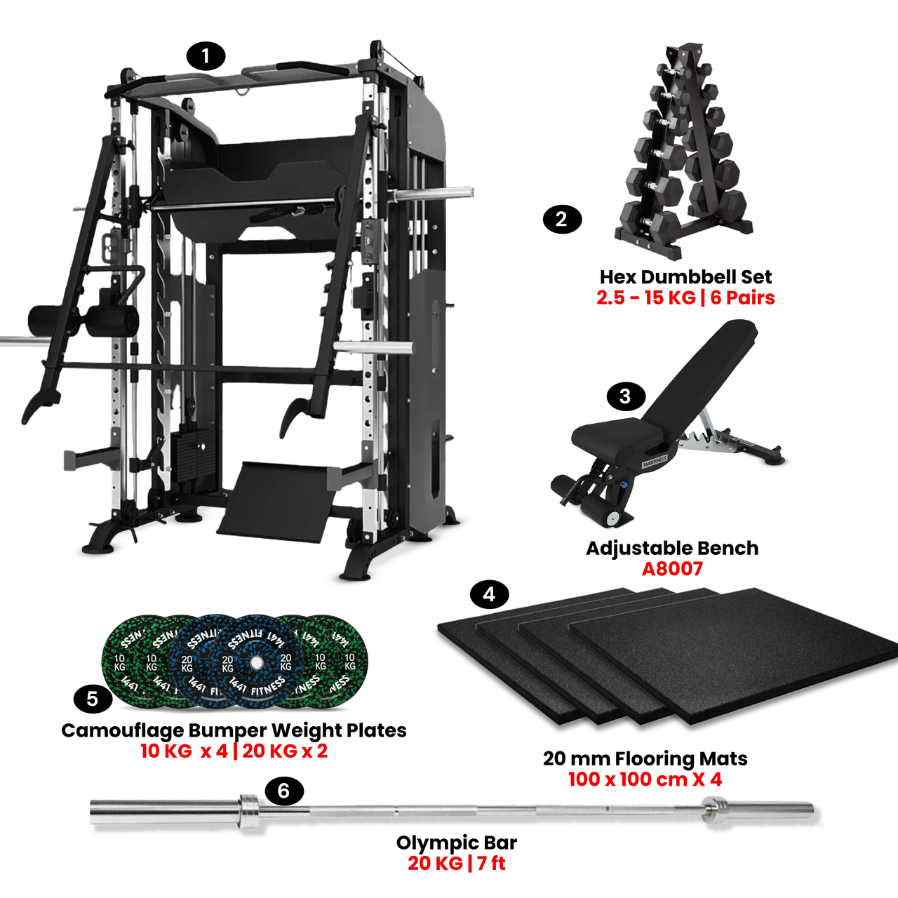 Functional Trainer Smith Machine with 100 Kg Bumper Set, Dumbbells & Bench