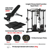 Thumbnail for Insight Fitness Multi Function Machine C3 with Flooring and 80 kg Black PU Bumper Pates with A8007 Bench (Bundle)
