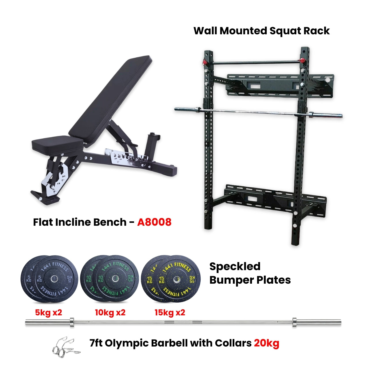 Wall Mounted Foldable Squat Rack with Speckle Bumper Plates 80 KG and A8007 Bench (Bundle)