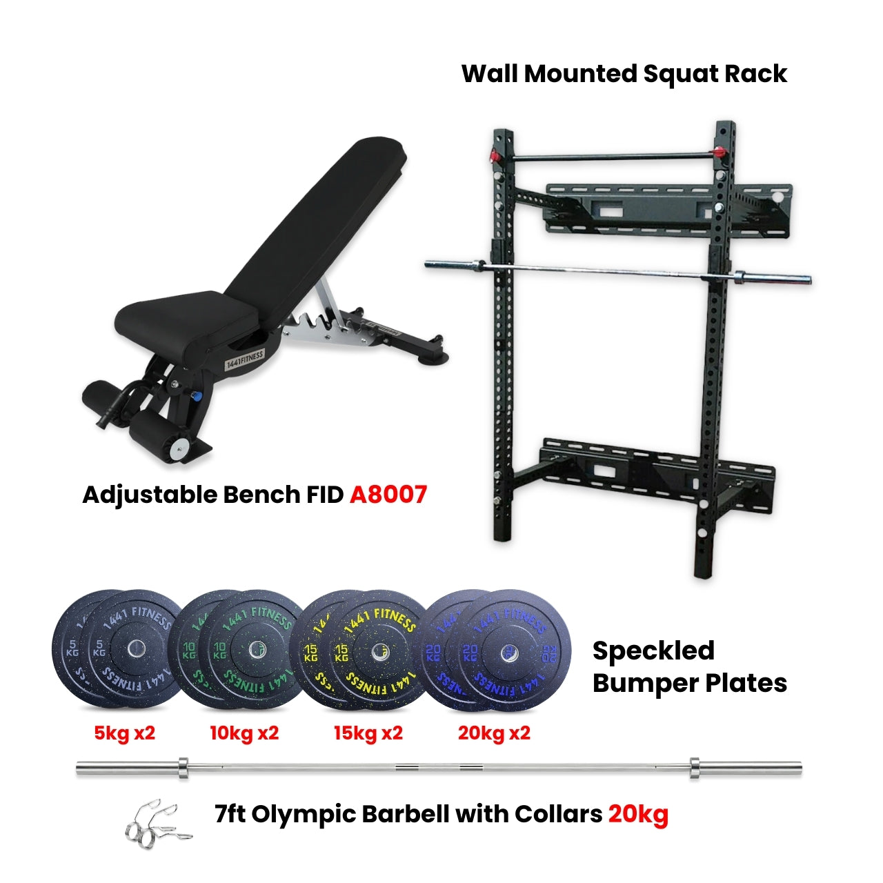 1441 Fitness Wall Mounted Squat Rack, Bumper Plate with Bench A8007 - Bundle Offer