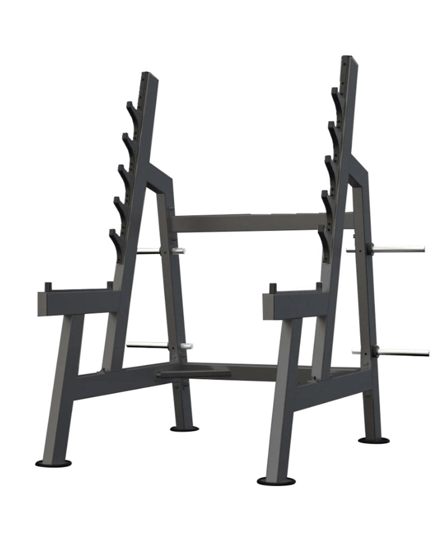 DHZ Fitness Squat Rack - U3050 with multiple bar catches, an inclined design, and wear covers on the Olympic bars.
