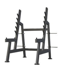 Thumbnail for DHZ Fitness Squat Rack - U3050 with multiple bar catches, an inclined design, and wear covers on the Olympic bars.