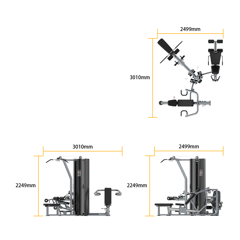 Insight Fitness 3 Station Multi Gym BS004 with dimensions labeled on a white background