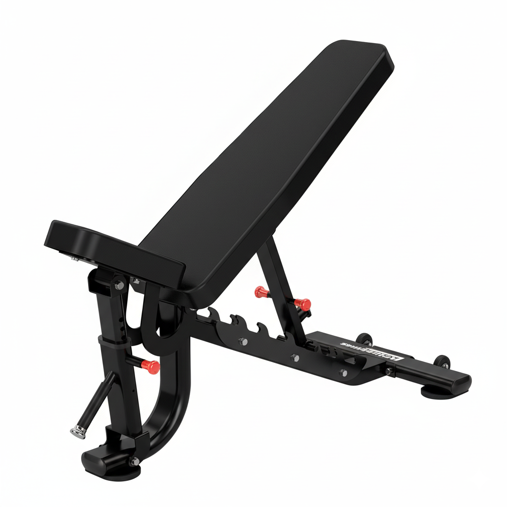 Black adjustable weight bench on a white background