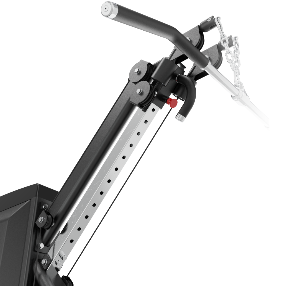 Close-up of a Insight Fitness Adjustable Pull down & Row - SA041 with metal components on a white background