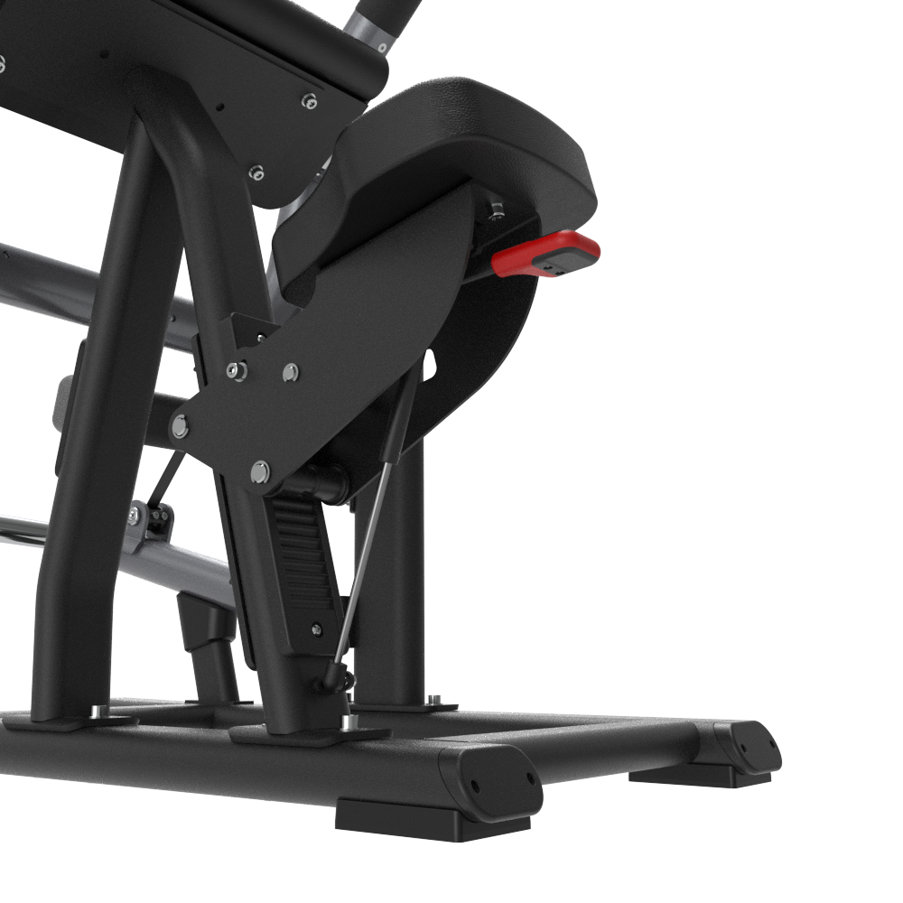 Close-up of a Insight Fitness Biceps Curl - SH018 machine with red accents on a white background