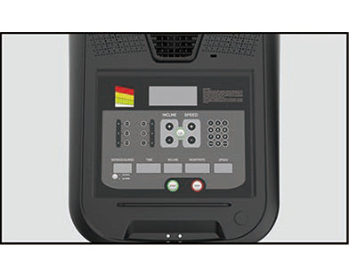 Control panel of a Insight Fitness Commercial Treadmill - CT 3000 with buttons and display on a light gray background