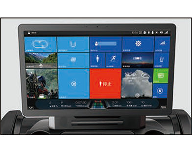 Insight Fitness Commercial Treadmill With Screen - RT8 on a tablet screen with various app icons displayed.