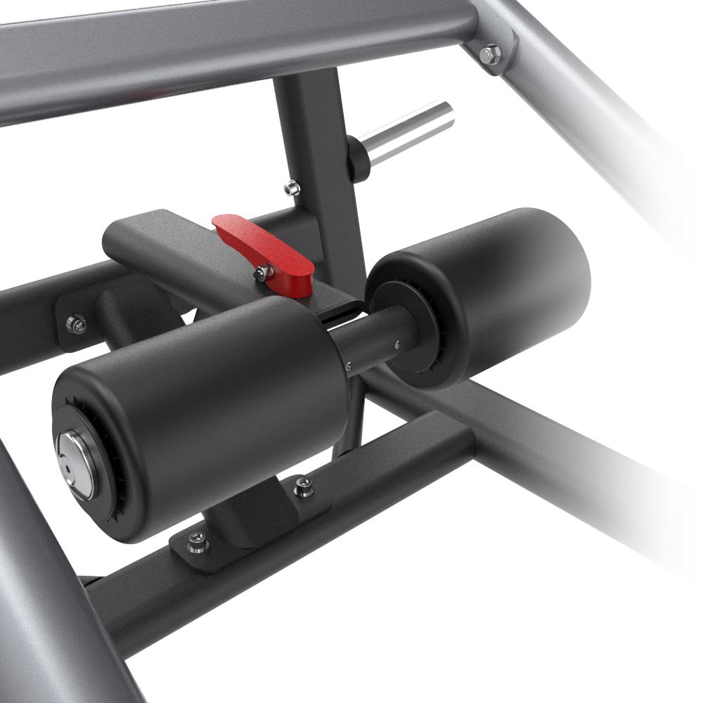Close-up of a Insight Fitness Deadlift/Lunge - SH028 component with black rollers and red lever on a white background