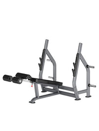 Thumbnail for A gray, adjustable Insight Fitness Decline Olympic Bench - DR006 with chromed bar holders and an open frame design, featuring leg stabilization and integrated weight-storage horns.