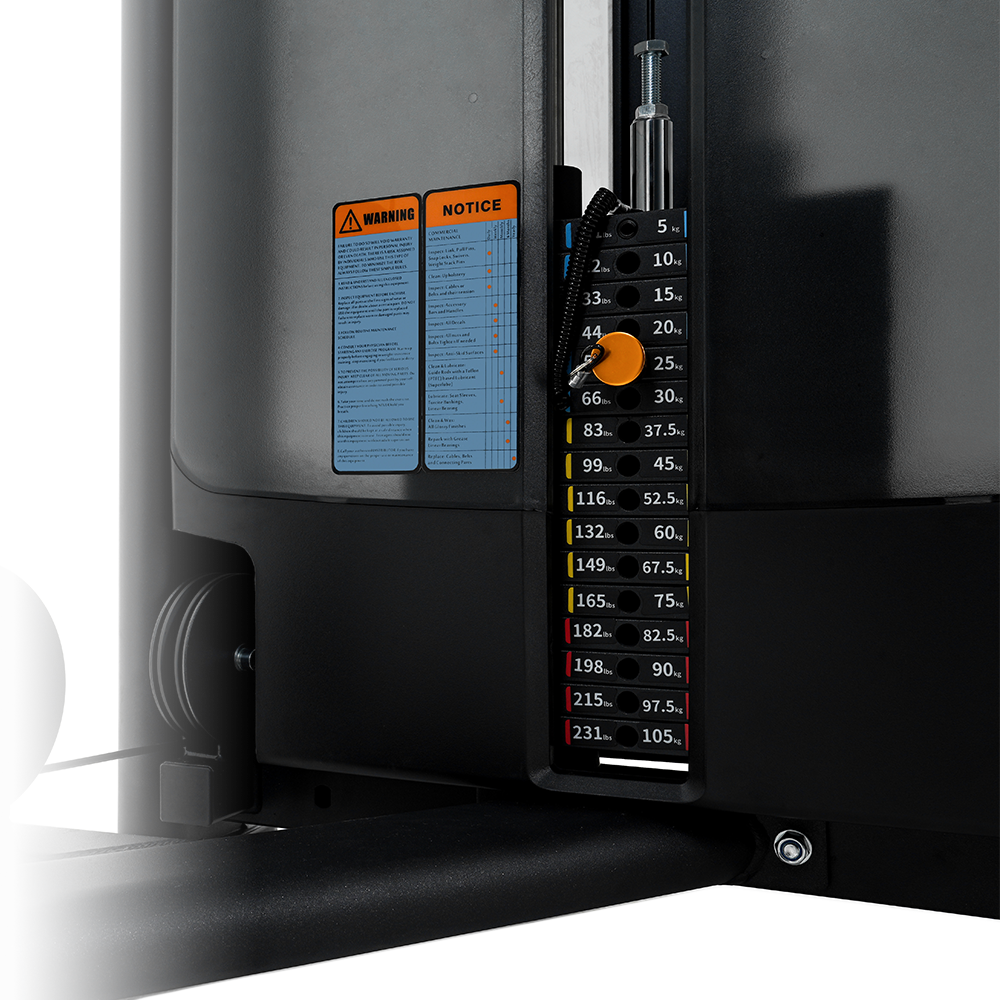 Insight Fitness Dual Pulley Lat Pulldown - BE8011 Control panel with warning labels and measurement scale on a machine.