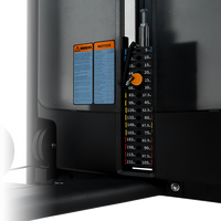 Thumbnail for Insight Fitness Dual Pulley Lat Pulldown - BE8011 Control panel with warning labels and measurement scale on a machine.