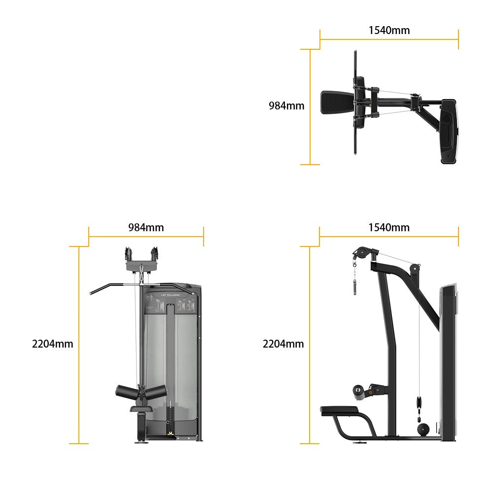 Insight Fitness Dual Pulley Lat Pulldown - BE8011 with dimensions labeled on a white background