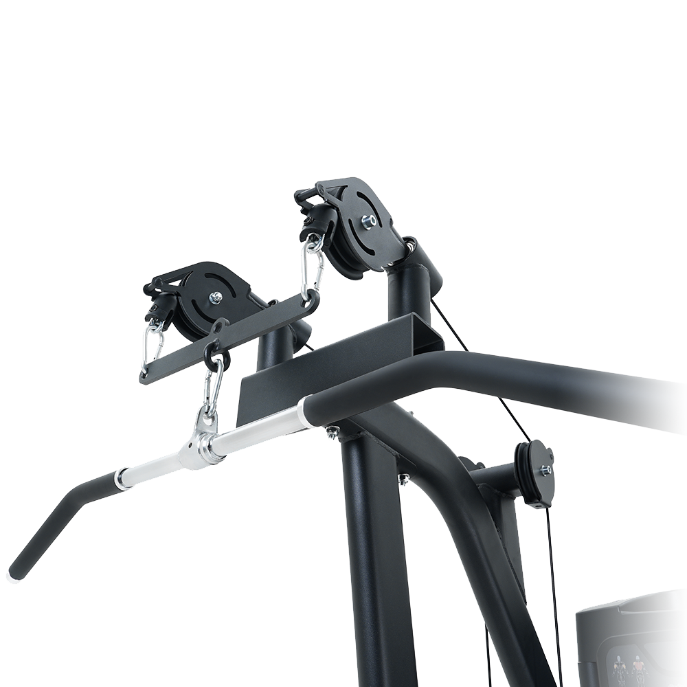 Close-up of a Insight Fitness Dual Pulley Lat Pulldown - BE8011 frame with handlebars on a white background