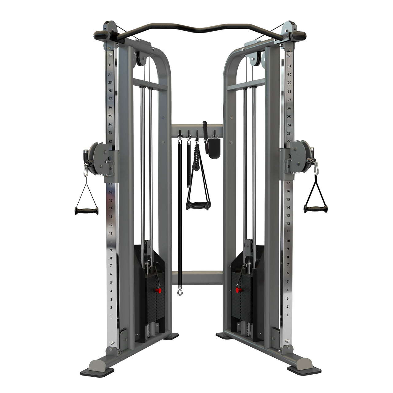 Insight Fitness Functional Trainer BS017, a dual adjustable pulley system exercise machine with black and gray colors, steel frame, and weight plates.