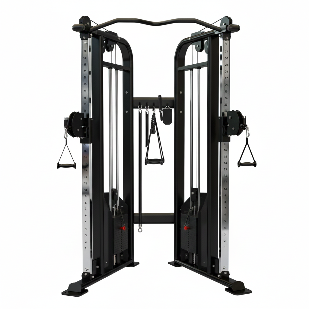 Insight Fitness Functional Trainer BS017, a dual adjustable pulley system exercise machine with black and gray colors, steel frame, and weight plates.