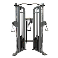 Thumbnail for Insight Fitness Functional Trainer BS017, a dual adjustable pulley system exercise machine with black and gray colors, steel frame, and weight plates.