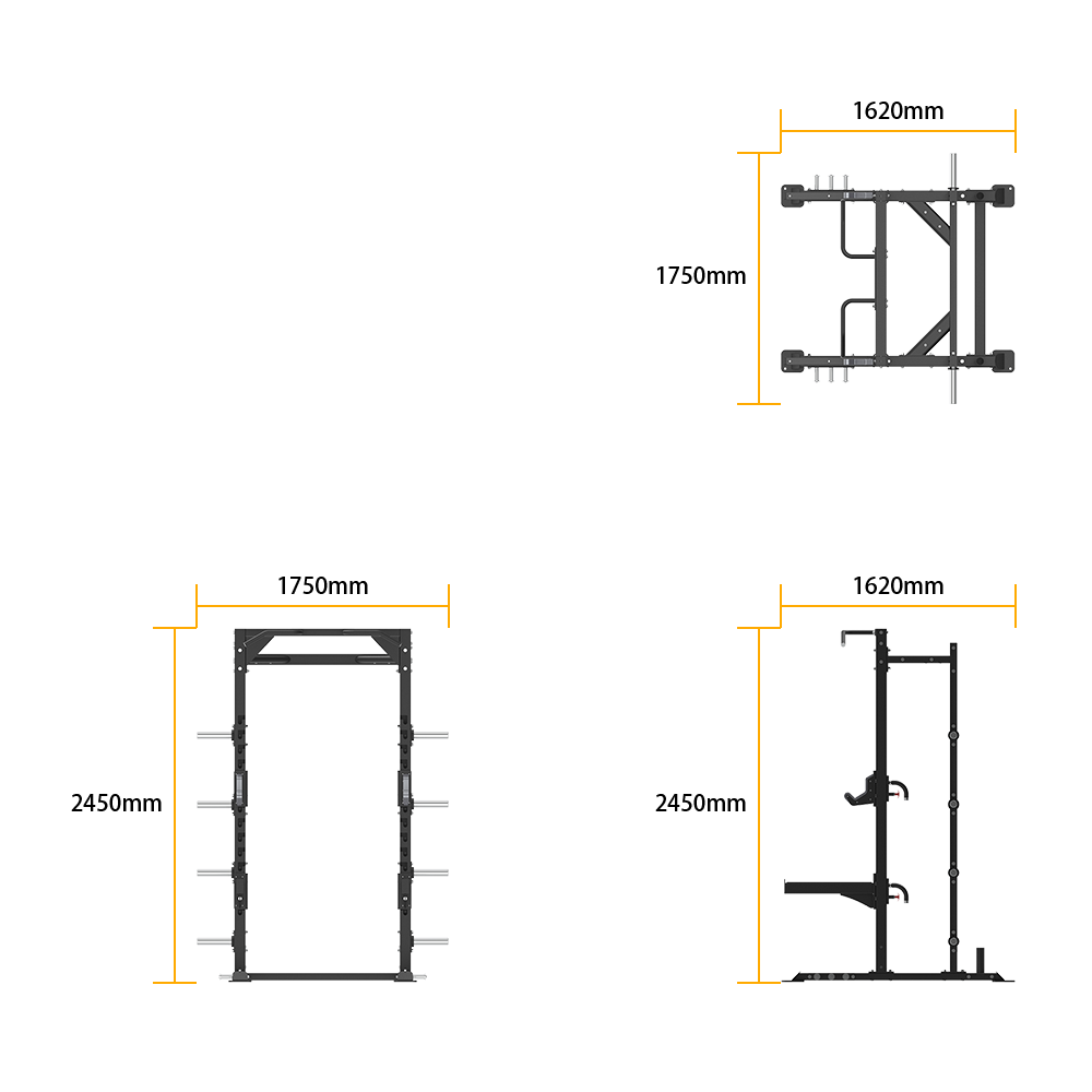Insight Fitness Half Rack - SH010 Dimensions of a fitness power rack with measurements in millimeters.