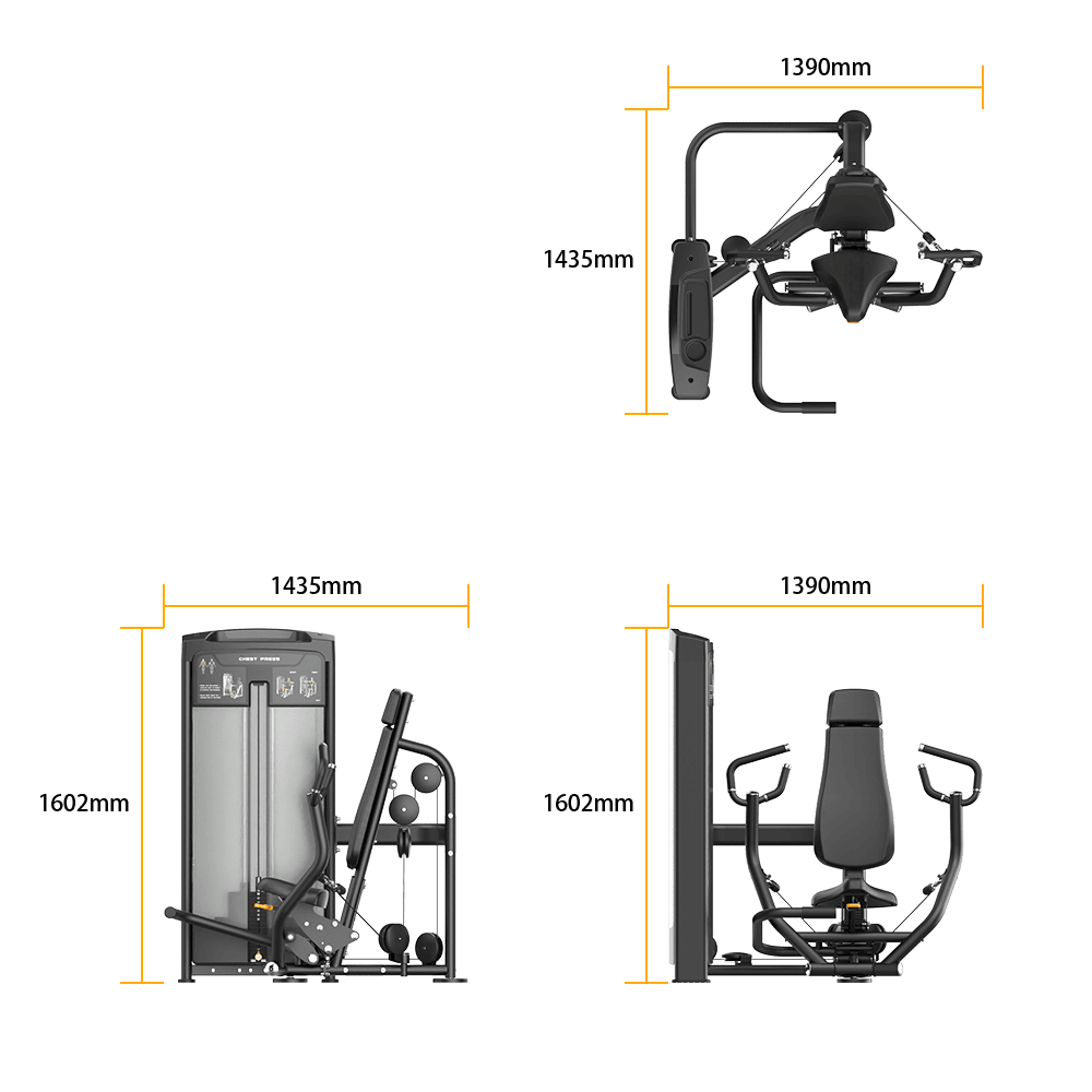 Insight Fitness ISO Lateral Chest Press - BE8001 with dimensions on a transparent background