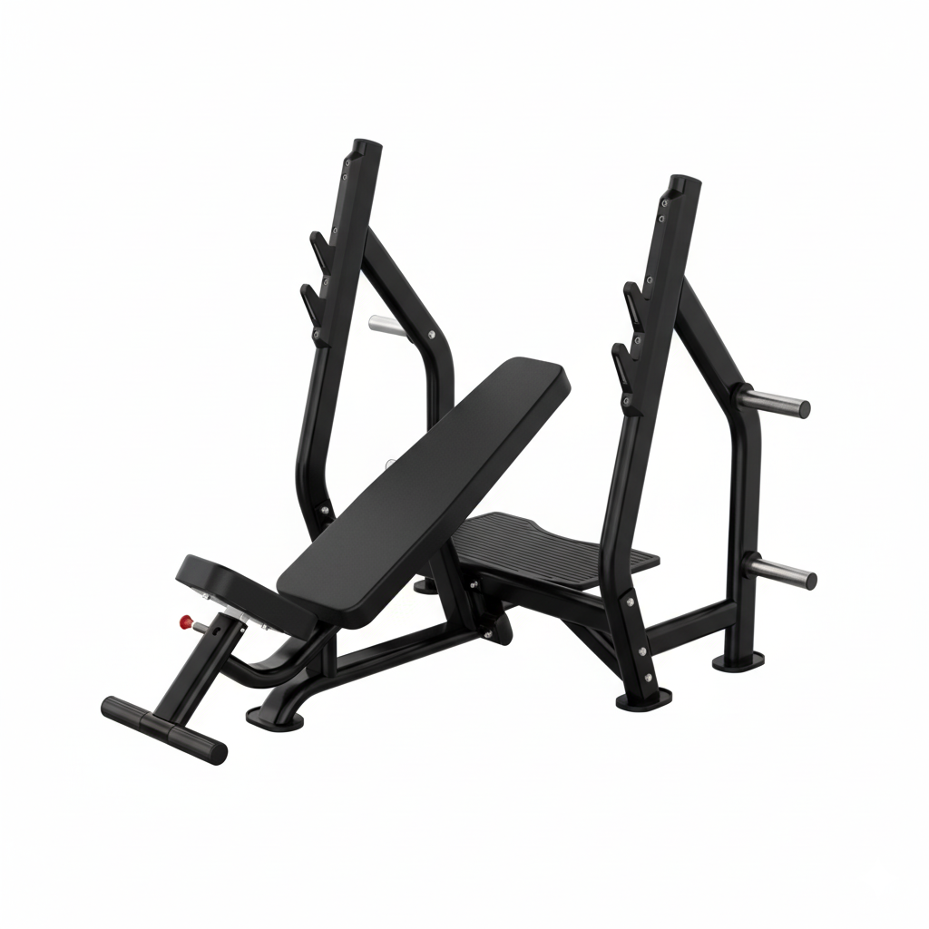 Black weight bench with adjustable backrest and leg extension attachment on a white background