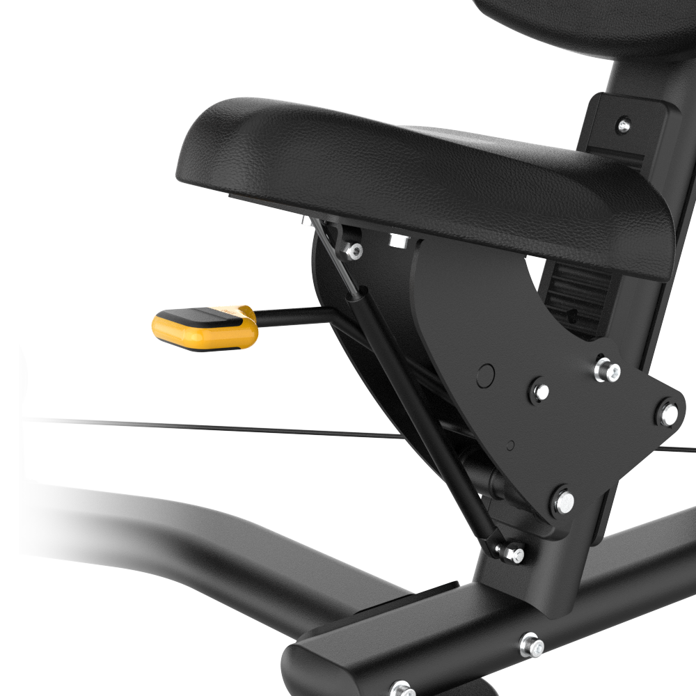 Close-up of a Insight Fitness Iso-Lateral Seated Biceps Curl - BE031 with a yellow foot pedal on a white background
