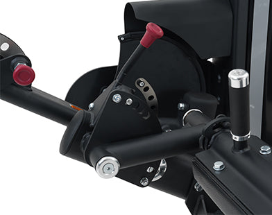 Close-up of a with black metal parts and red and silver accents on a white background.