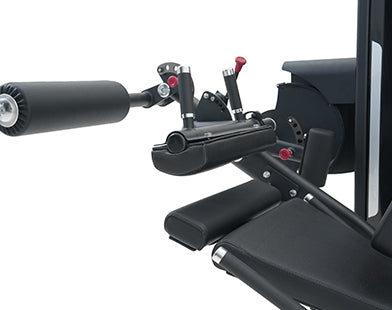 Close-up of a Insight Fitness Leg Curl - SA013 with black padding and metal components on a white background
