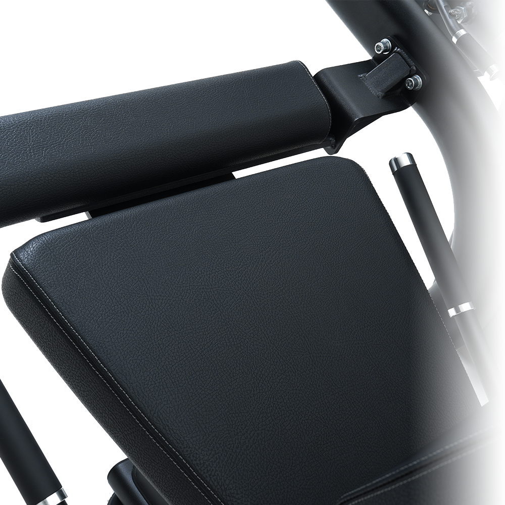 Close-up ofInsight Fitness Leg Curl/Extension - BE8025 seat with armrests on a white background