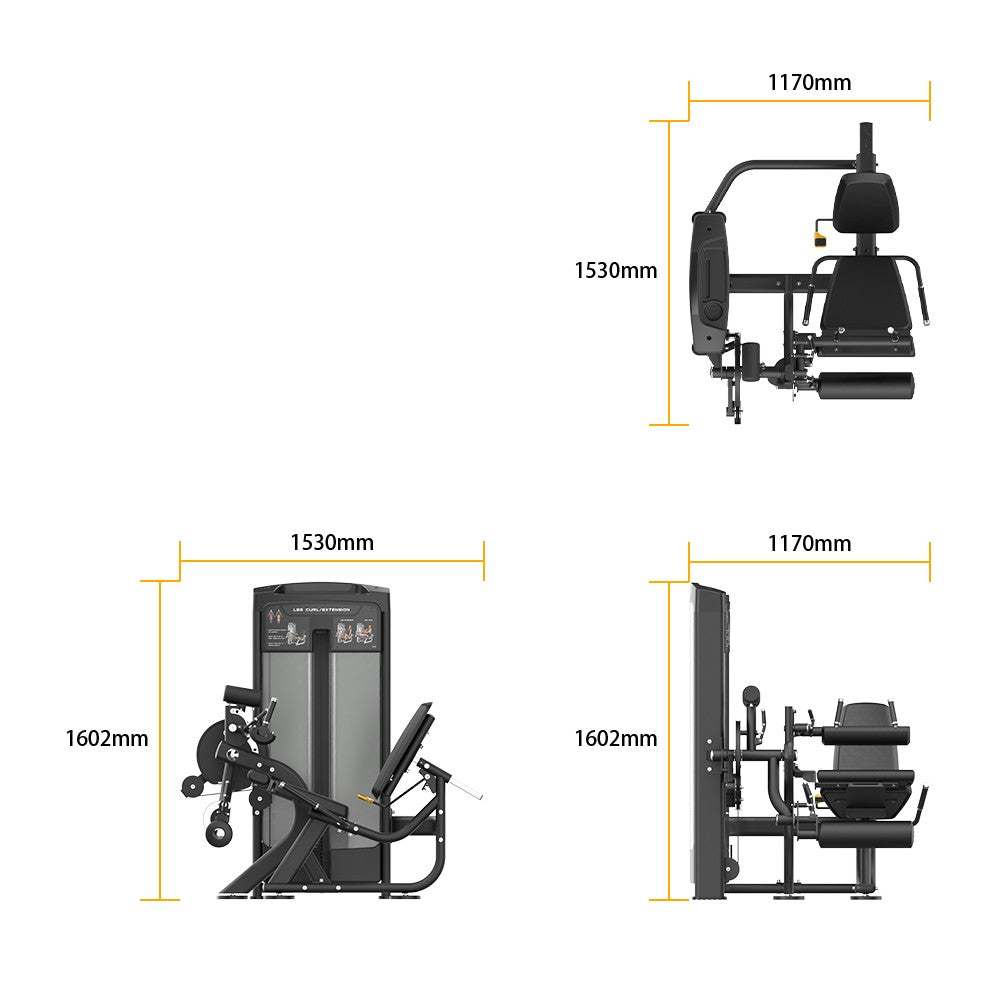 Insight Fitness Leg Curl/Extension - BE8025 with dimensions labeled on a white background