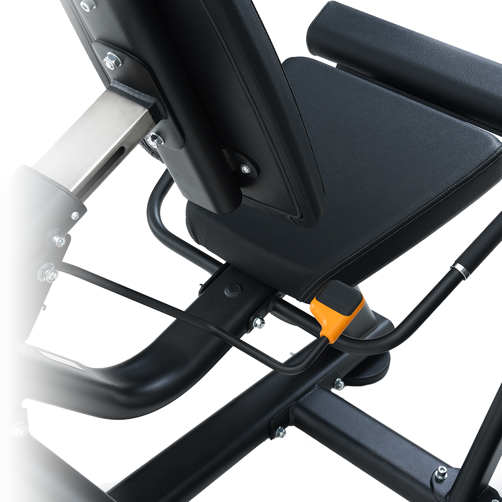 Close-up of a Insight Fitness Leg Curl/Extension - BE8025 seat with an orange component on a white background