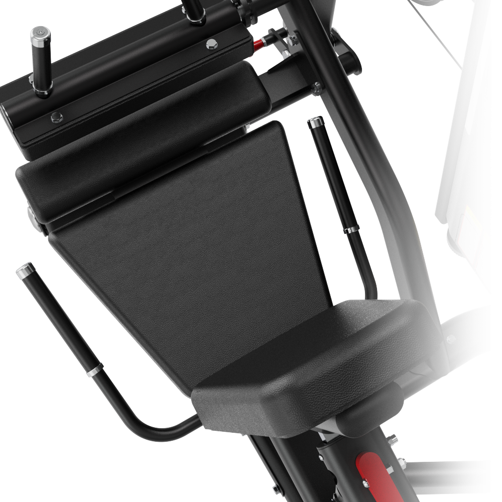 Close-up of a Insight Fitness Leg Curl / Extension - SA037 seat with metal bars on a white background