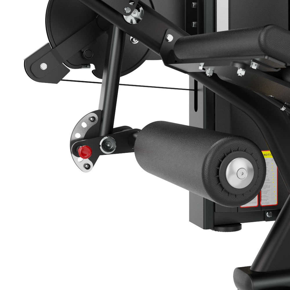 Close-up of a Insight Fitness Leg Curl / Extension - SA037 component with wheels on a white background