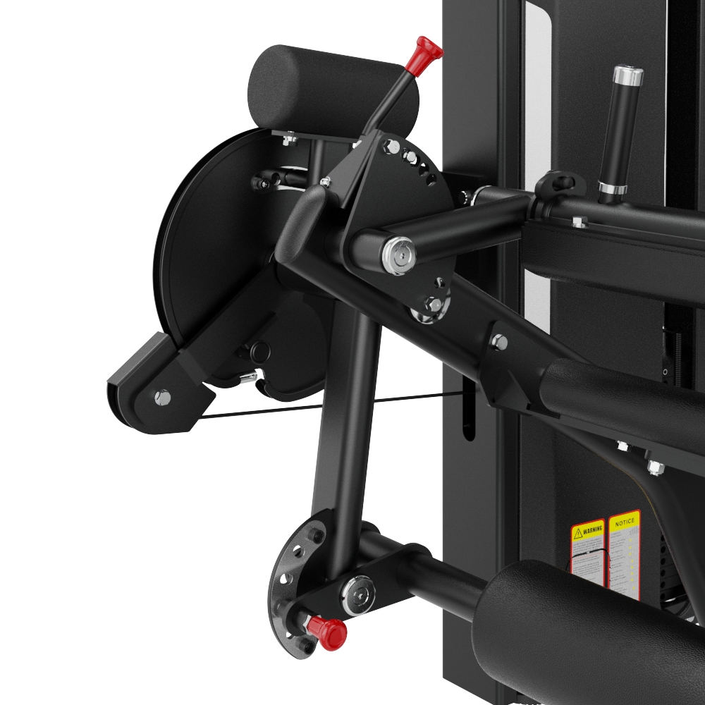 Close-up of a Insight Fitness Leg Curl / Extension - SA037 with red accents on a white background