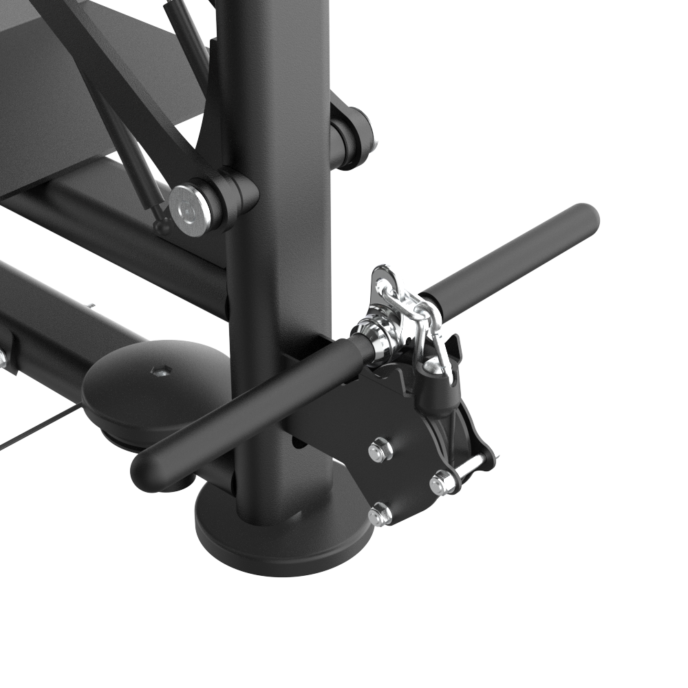 Close-up of a black metal frame with adjustable levers on a white background