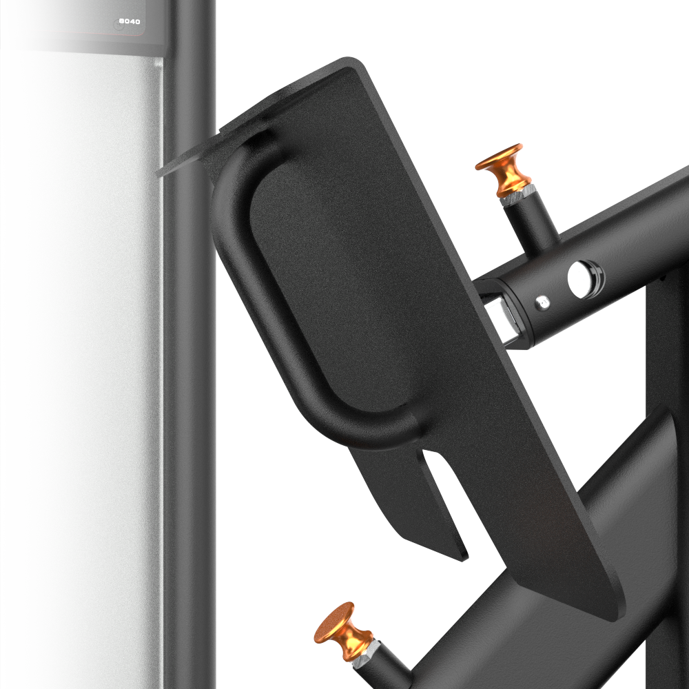 Close-up of a black metal bracket with gold screws on a white background