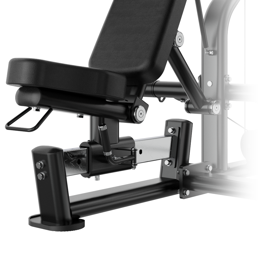 Close-up of a Insight Fitness Multi Chest Press - SA043 with a black seat and metal frame on a white background