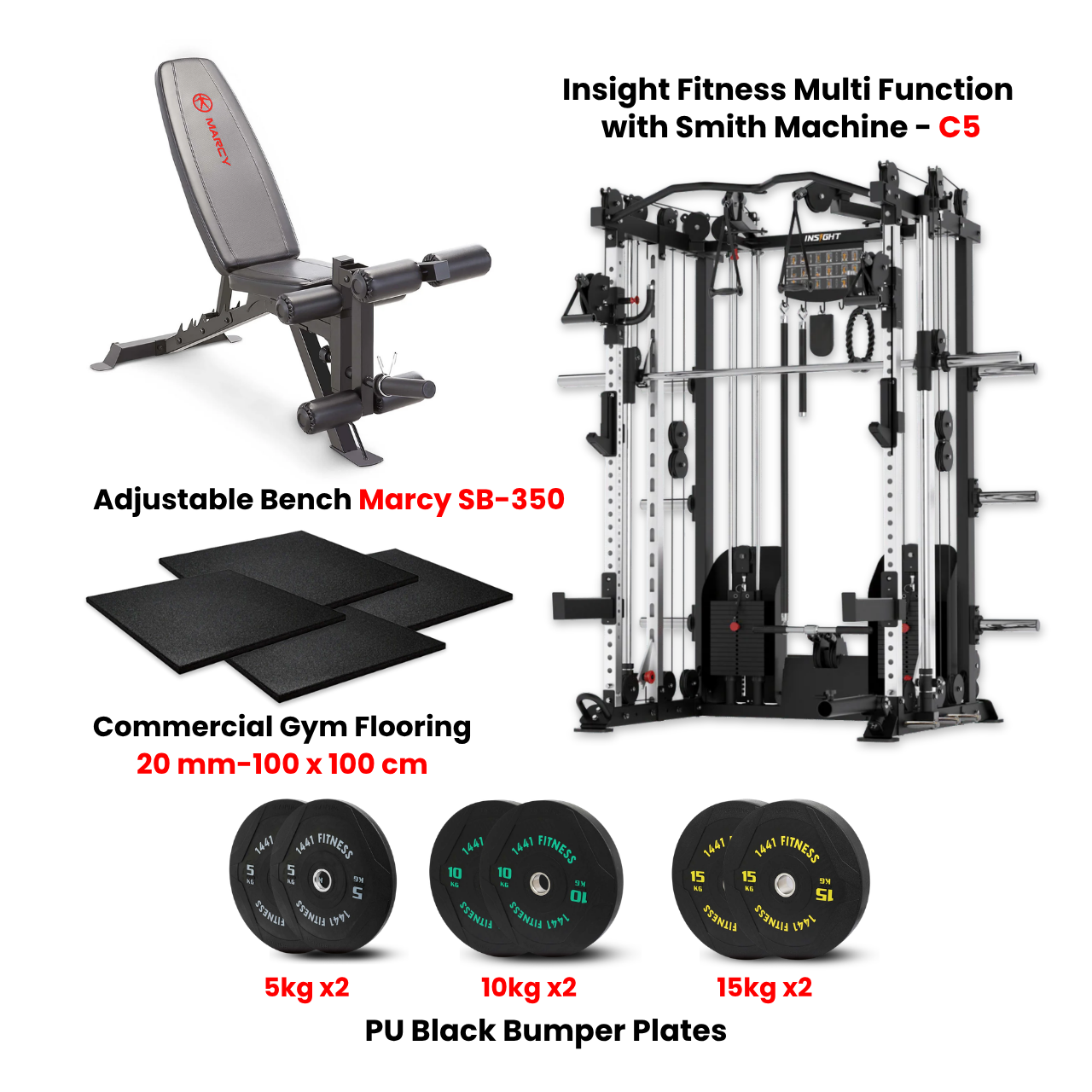 Insight Fitness Multi Function Smith Machine C5 with Rubber Flooring, PU Black Bumper Plates & A8007 Bench - Bundle Offer